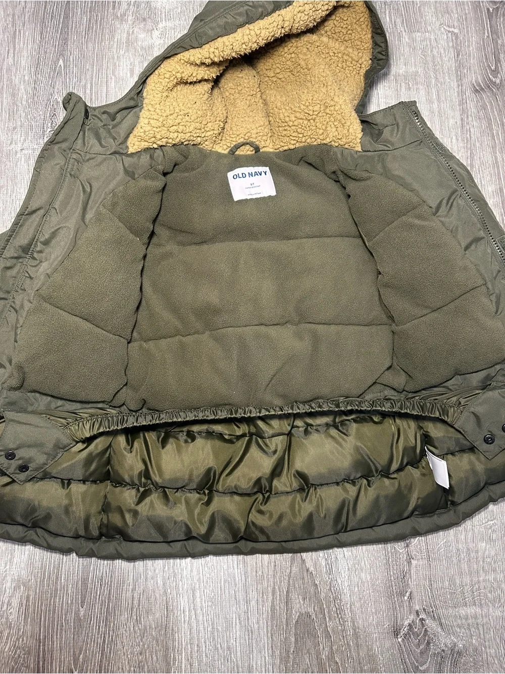 Old Navy Kids Olive Green Hooded Puffer Jacket with Sherpa Hood